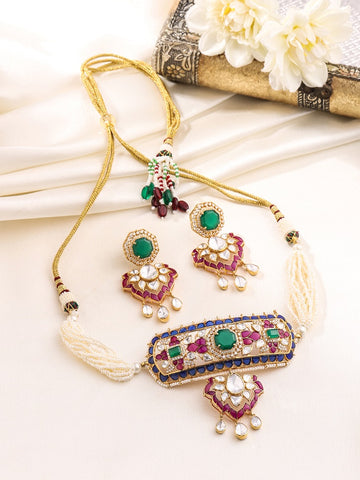 Pearl Traditional Polki Pink Talfe - Wedding Bliss 925 Sterling Silver Necklace Set For Women