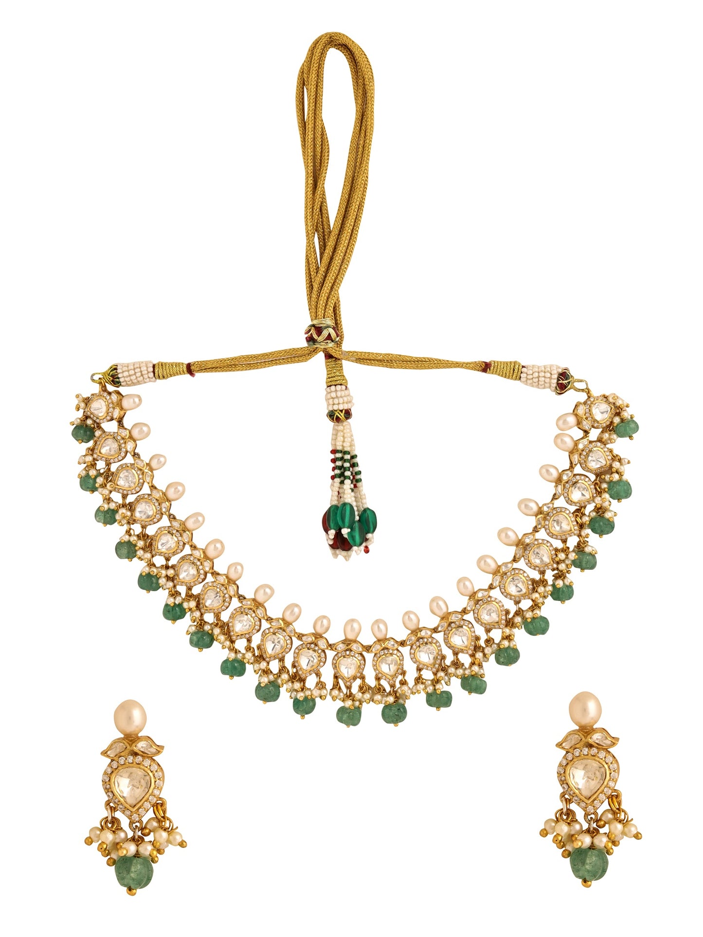 Classic Polki Green Talfe Wedding Bliss 925 Sterling Silver Necklace Set For Women
