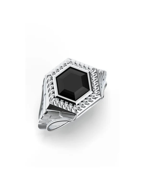 Black Onyx Geometric Ring – Sleek Oxidized Design