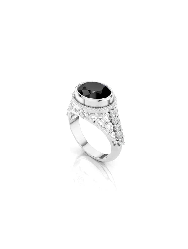 Geometric Filigree Black Onyx and Moissanite Silver Ring Oxidized 925 Sterling Silver Ring For Men