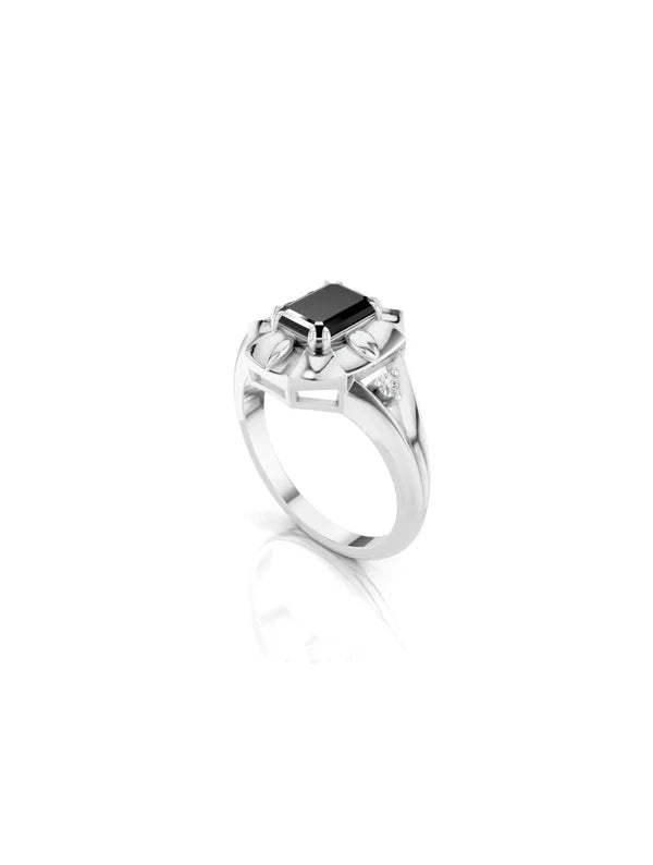 Geometric Black Onyx and Moissanite Oxidized Finish 925 Sterling Silver Ring For Men