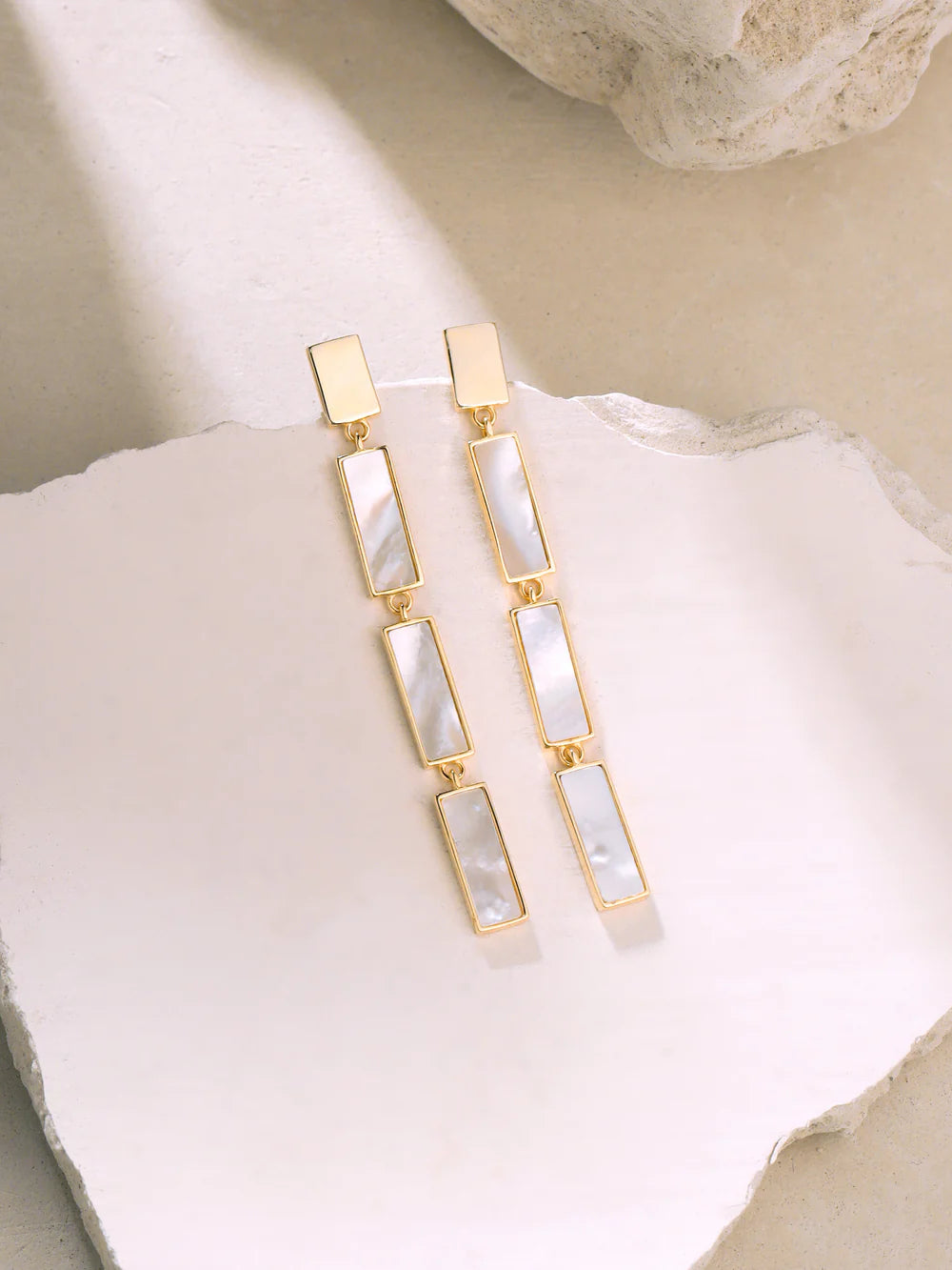 Syra Collection 24k Gold Brick Pattern Mother of Pearl Earrings 925 Sterling Silver For Women