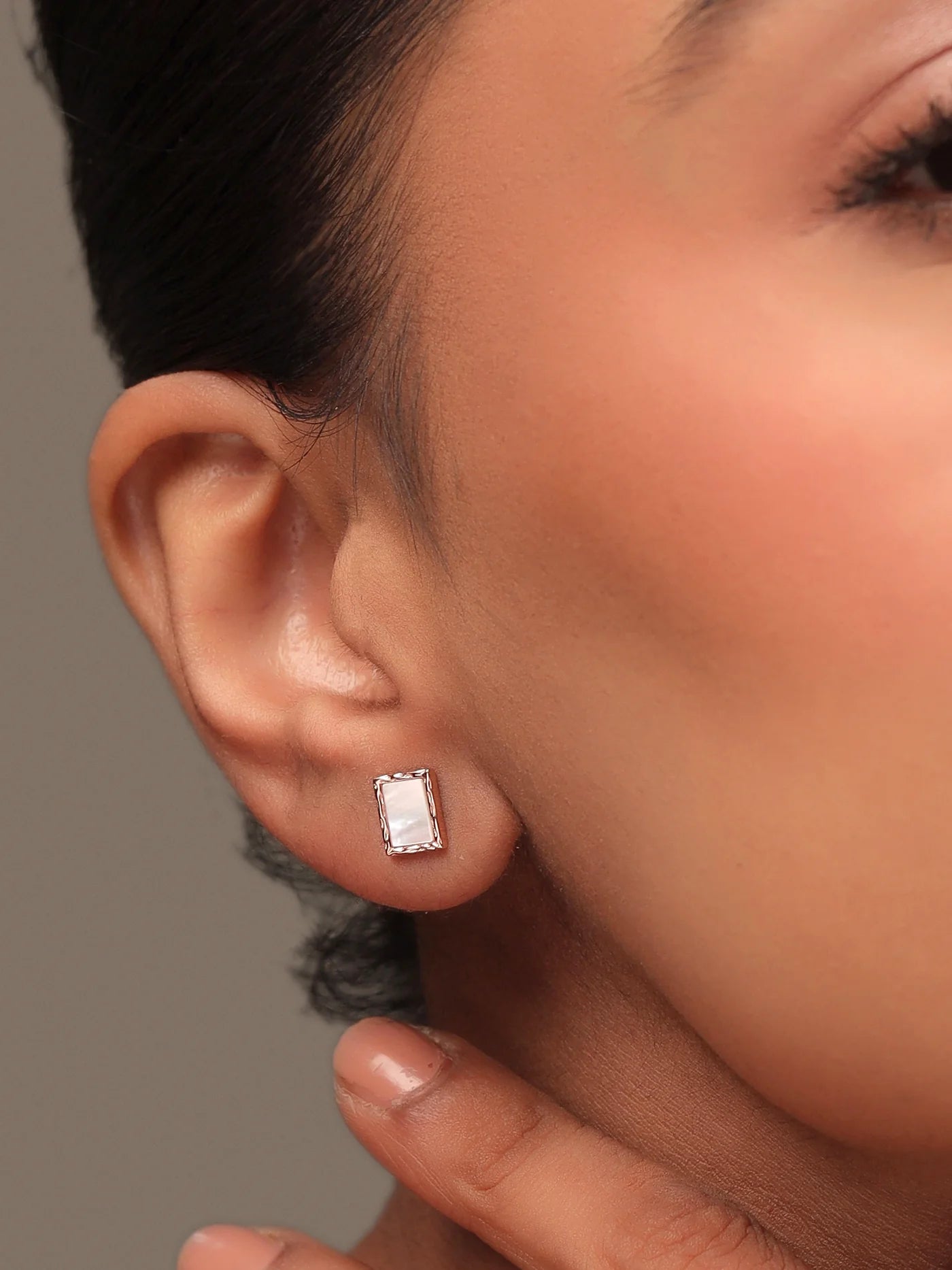 GEOMETRIC MOTHER OF PEARL SYRA ROSE GOLD 925 STERLING SILVER STUD EARRINGS FOR WOMEN