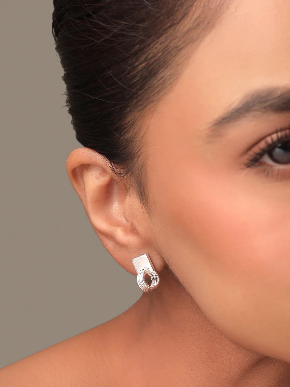 Syra Silver Rhodium Abstract Geometric Scratch-Finish 925 Sterling Silver Earrings For Women