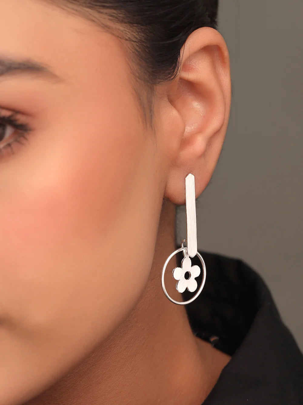 Syra Geometric Floral Scratch-Finish Design 925 Sterling Silver Bugadi Earrings For Women