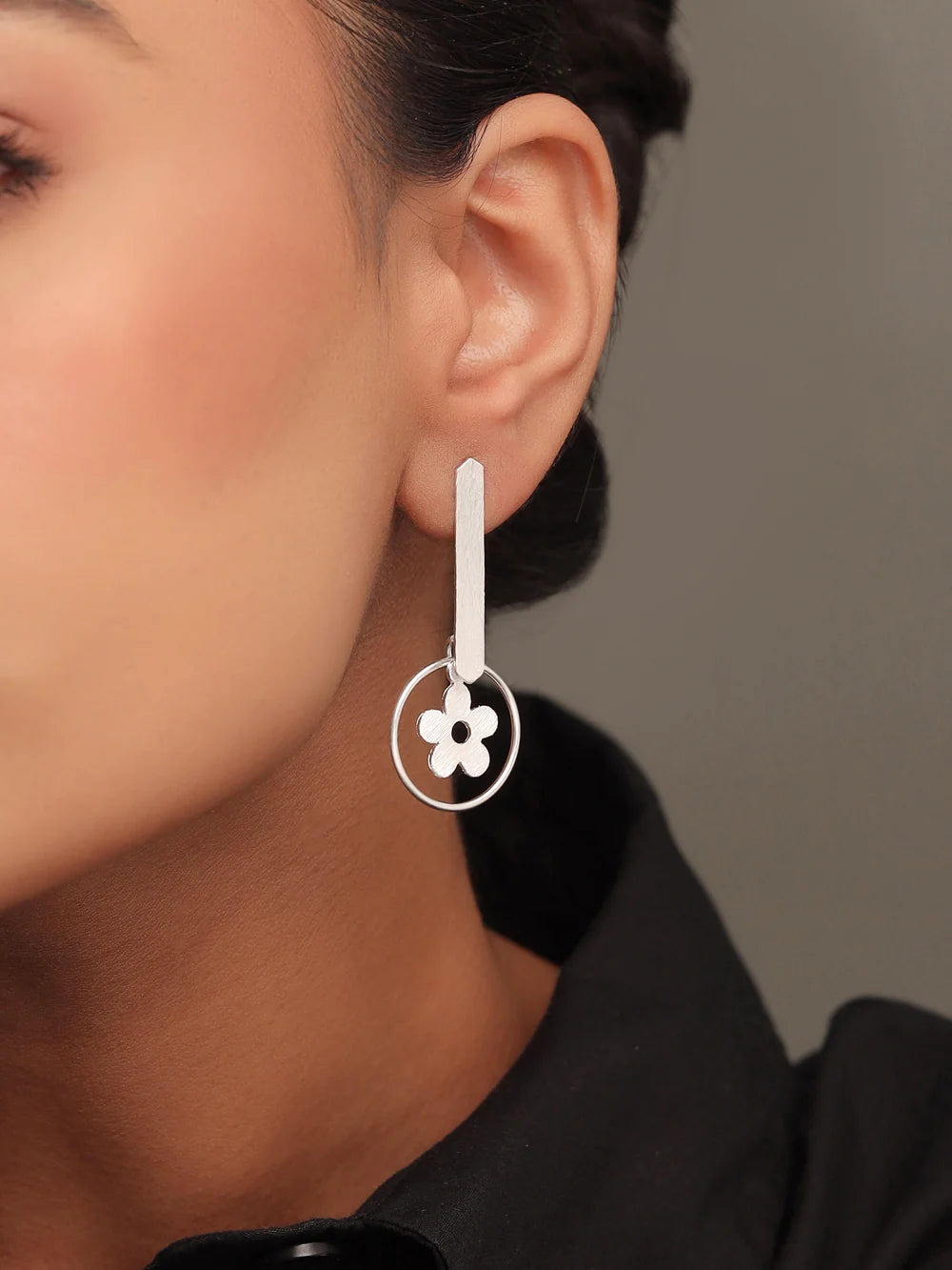 Syra Geometric Floral Scratch-Finish Design 925 Sterling Silver Bugadi Earrings For Women