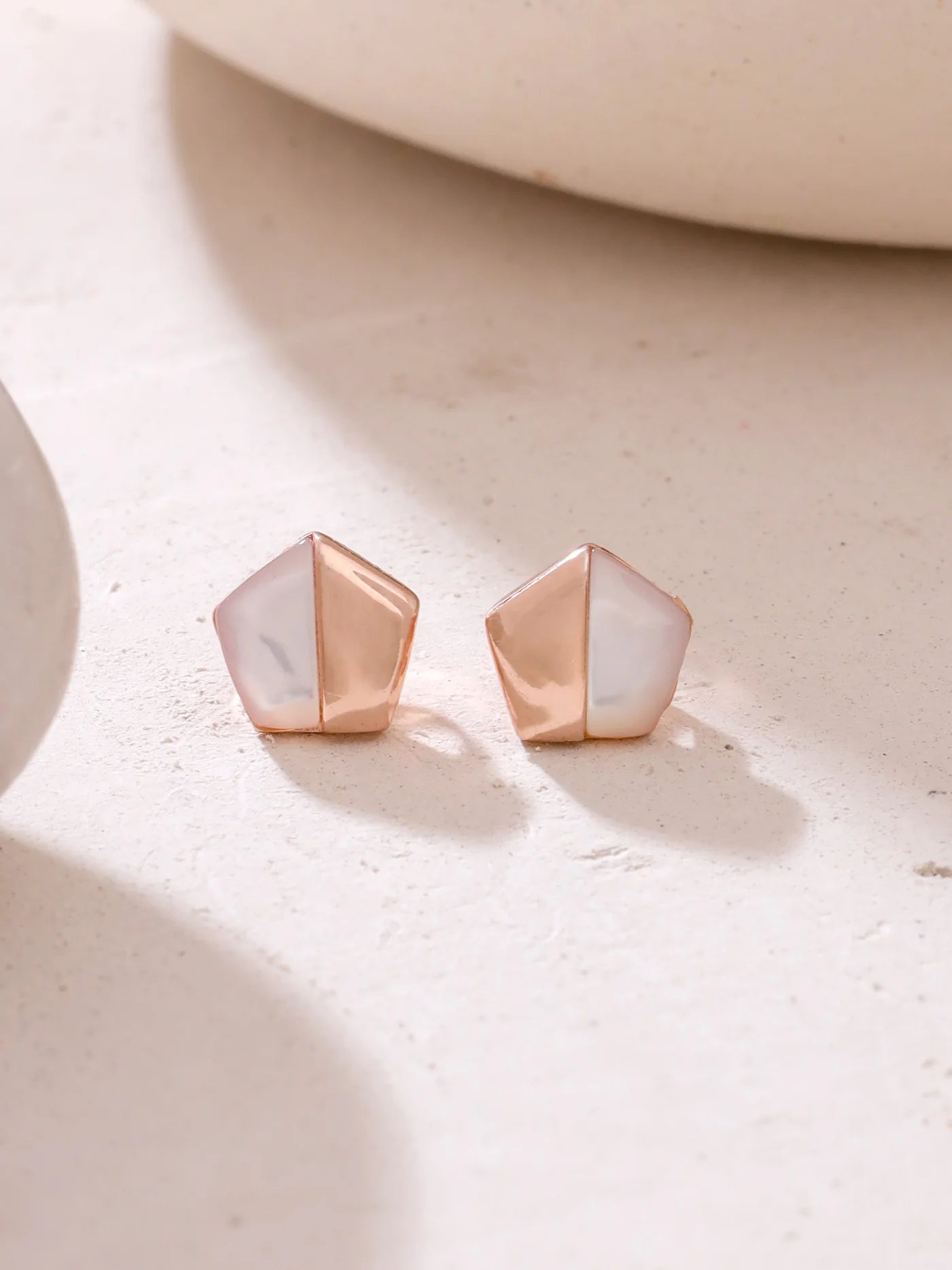 SYRA ROSE GOLD PENTAGON MOTHER OF PEARL 925 STERLING SILVER STUD EARRINGS FOR WOMEN