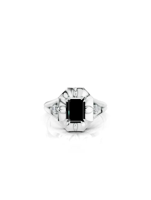 Geometric Black Onyx and Moissanite Oxidized Finish 925 Sterling Silver Ring For Men