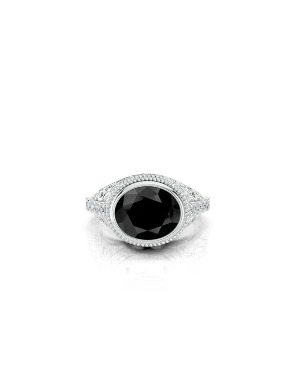 Geometric Filigree Black Onyx and Moissanite Silver Ring Oxidized 925 Sterling Silver Ring For Men