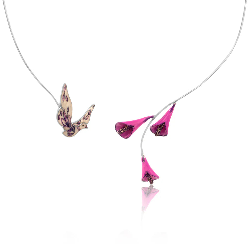 Pearl Purple Floral Feather 925 Sterling Silver Necklace in Real Rhodium For Women