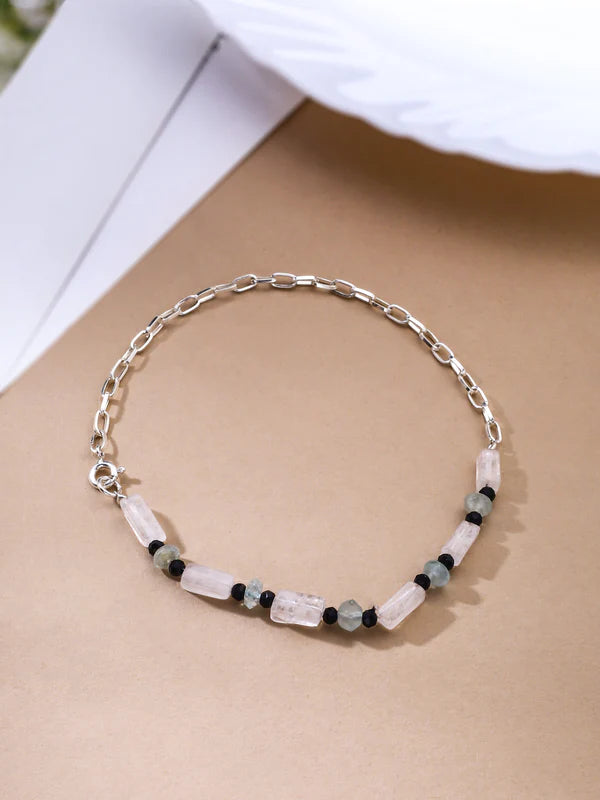 Beads Quartz Initial Adorned 925 Sterling Silver Anklet For Women