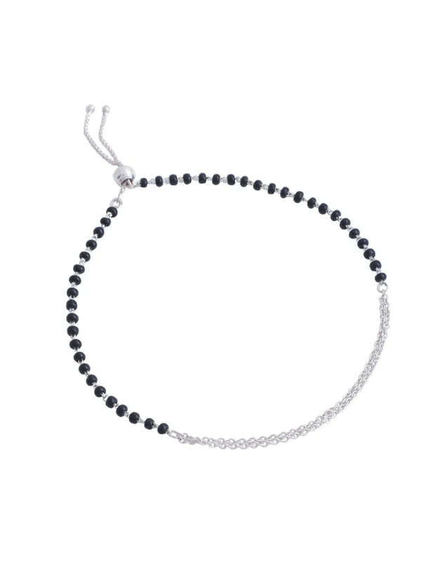 Adjustable 925 Sterling Silver Black Bead Anklet For Women