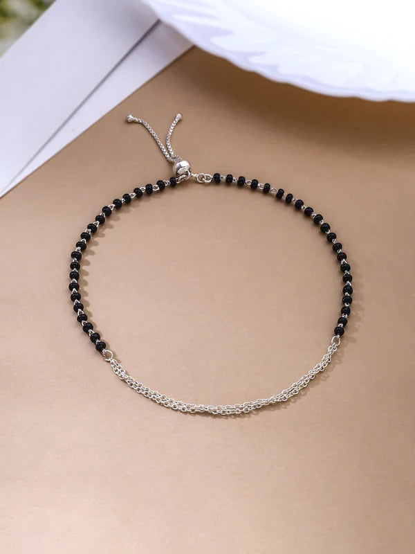 Adjustable 925 Sterling Silver Black Bead Anklet For Women