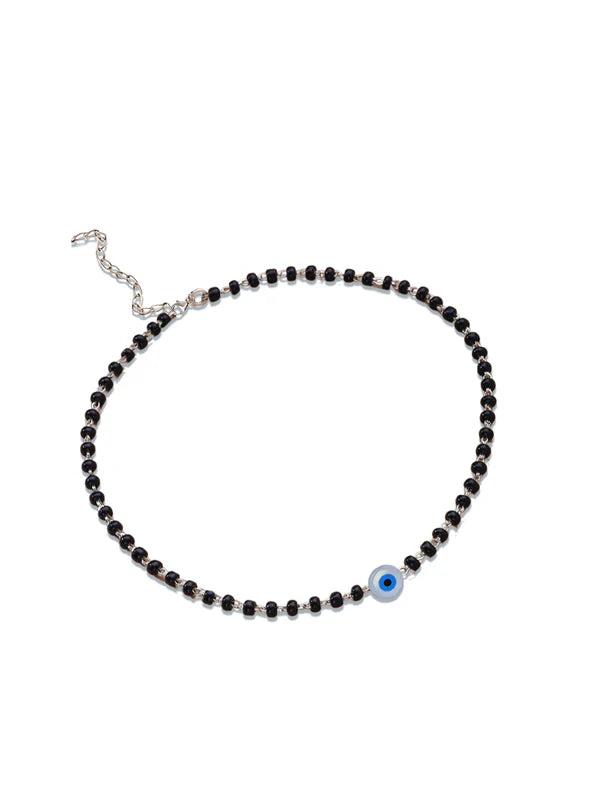 925 Sterling Silver Evil Eye Black Beads Anklet For Women