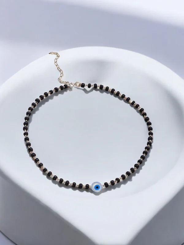 925 Sterling Silver Evil Eye Black Beads Anklet For Women
