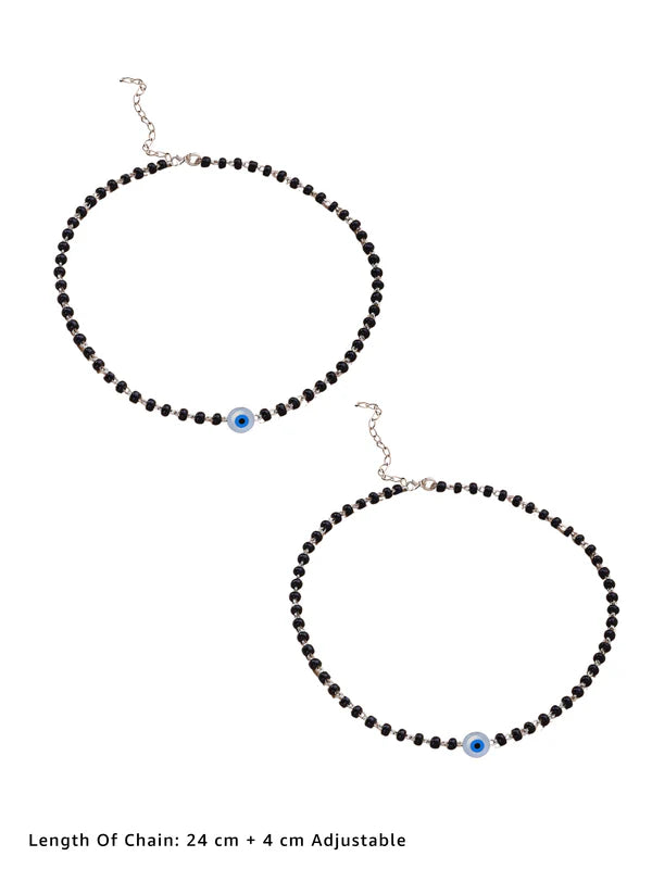 925 Sterling Silver Evil Eye Black Beads Anklet Pair
