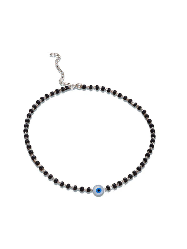 925 Sterling Silver Evil Eye Black Beads Anklet Pair