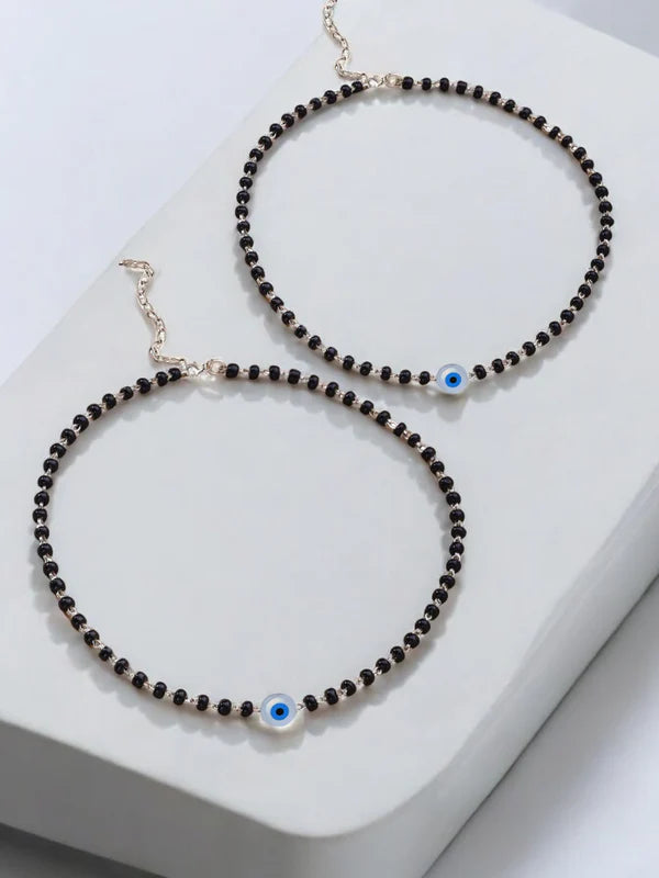 925 Sterling Silver Evil Eye Black Beads Anklet Pair