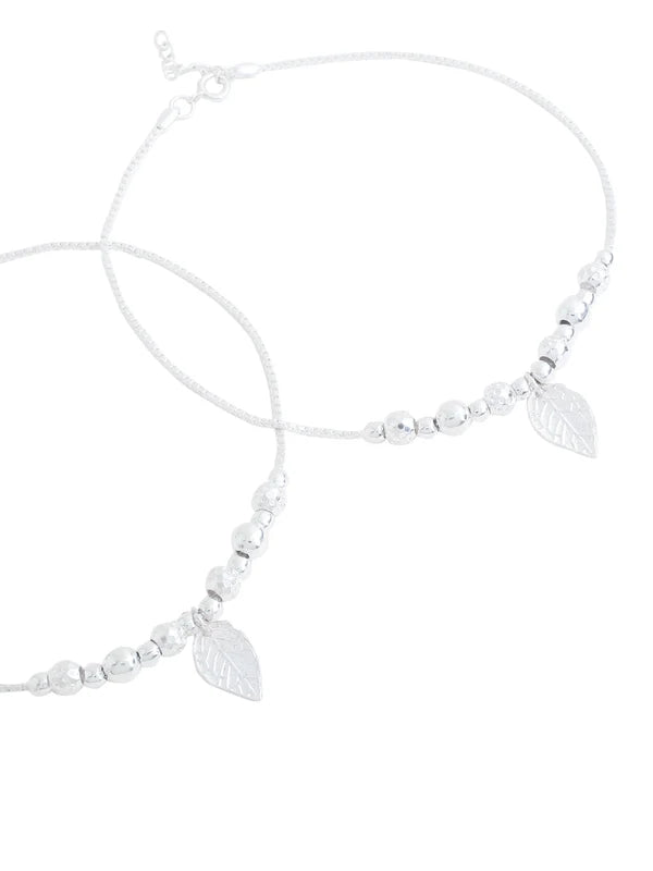 Nature's Elegance Leaf Charm and Metal Ball 925 Sterling Silver Anklet For Women