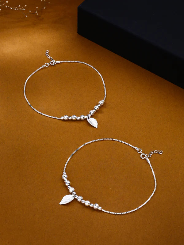 Nature's Elegance Leaf Charm and Metal Ball 925 Sterling Silver Anklet For Women