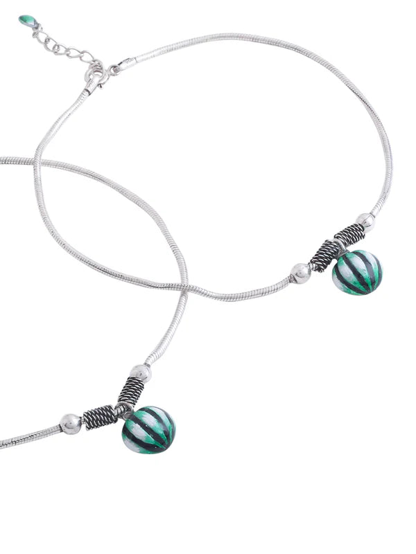 Beads Green & Black Enamel 925 Sterling Silver Anklet For Women