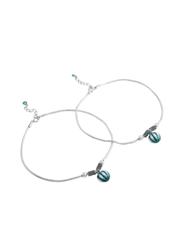 Beads Green & Black Enamel 925 Sterling Silver Anklet For Women