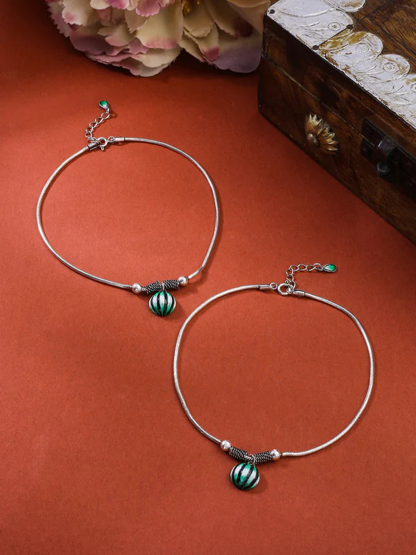 Beads Green & Black Enamel 925 Sterling Silver Anklet For Women