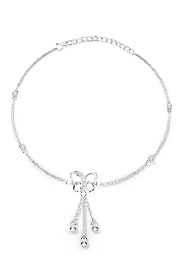 Butterfly Anklet With Moissanite & Pearl Studded 925 Sterling Silver For WOMEN