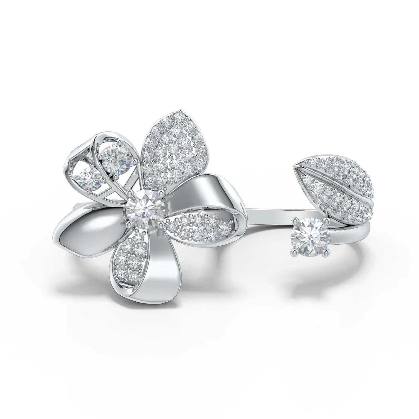 Moissanite Two-Finger Ribbonia Floral Motifs 925 Sterling Silver Ring For Women