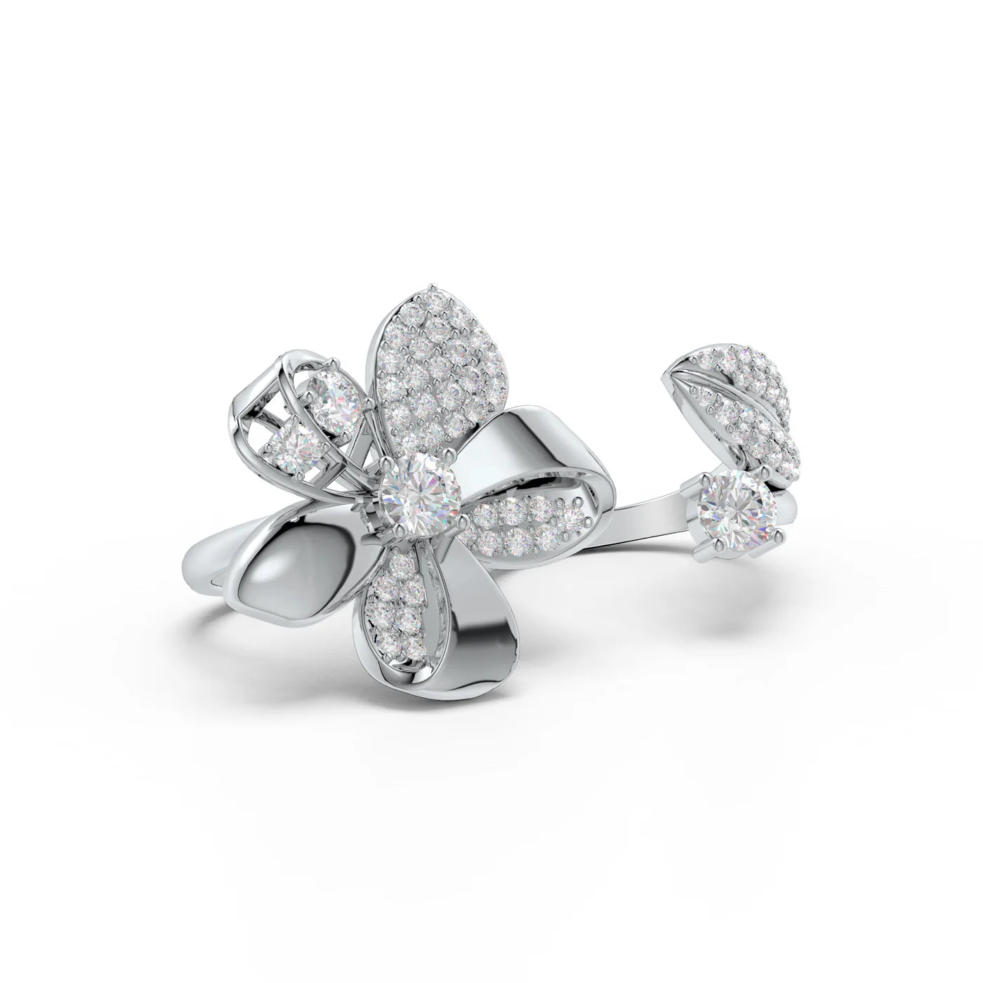 Moissanite Two-Finger Ribbonia Floral Motifs 925 Sterling Silver Ring For Women