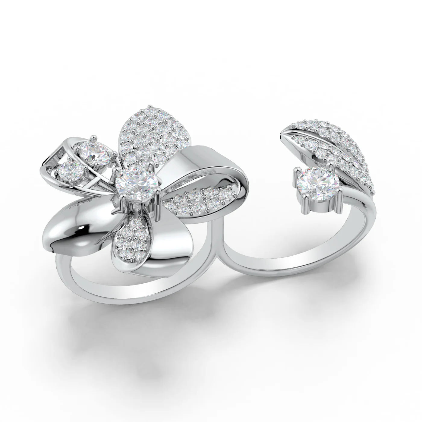 Moissanite Two-Finger Ribbonia Floral Motifs 925 Sterling Silver Ring For Women