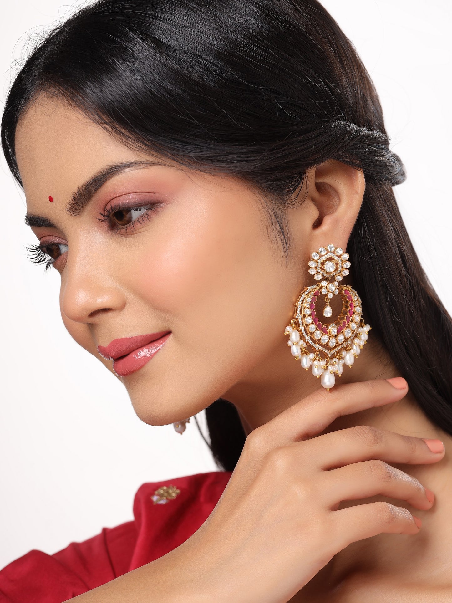 Stunning Red Talphe Chandbali Earrings For Women