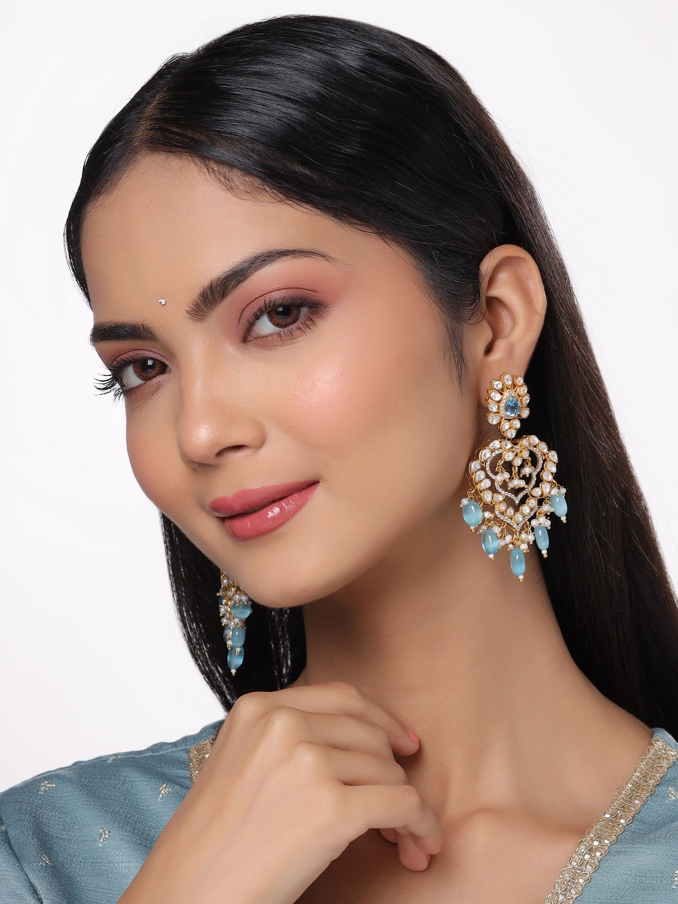 Pearl Blue Topaz Azure 925 Sterling Silver Chandbali Earrings For Women