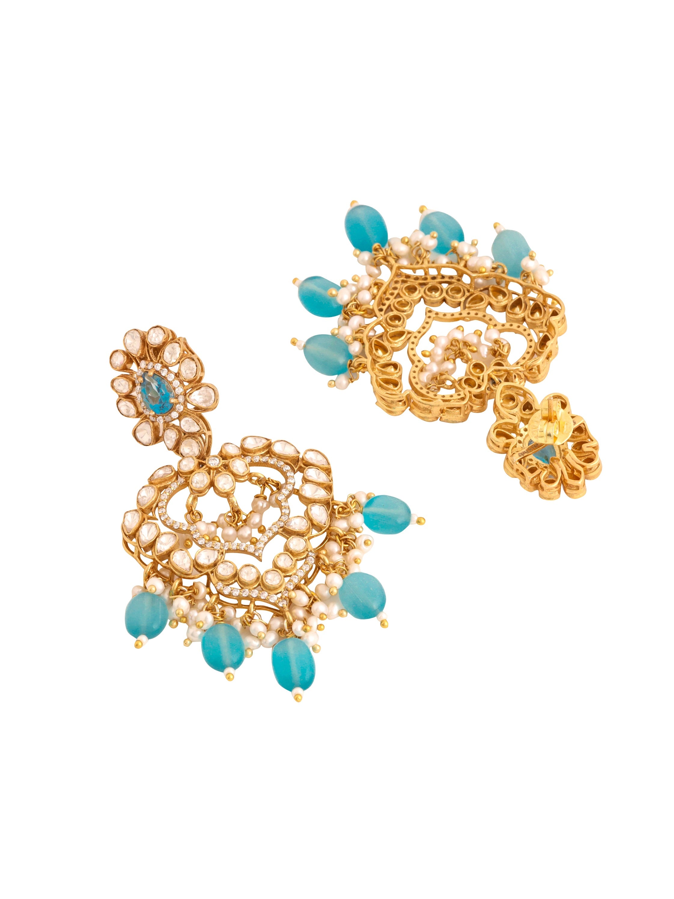 Pearl Blue Topaz Azure 925 Sterling Silver Chandbali Earrings For Women