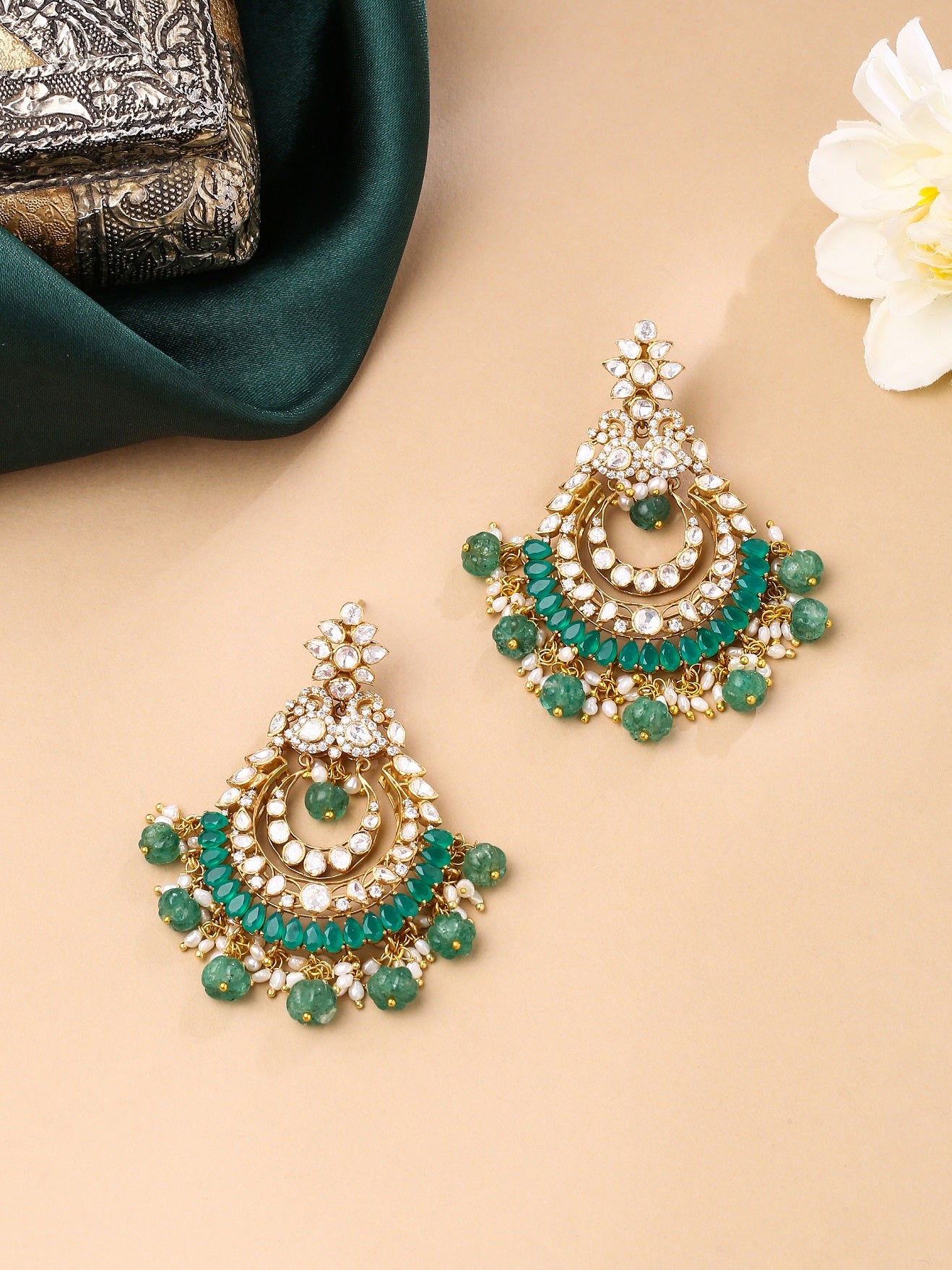 Quartz Pearl Lustrous Gem Embedded Chandbali Earrings For Women