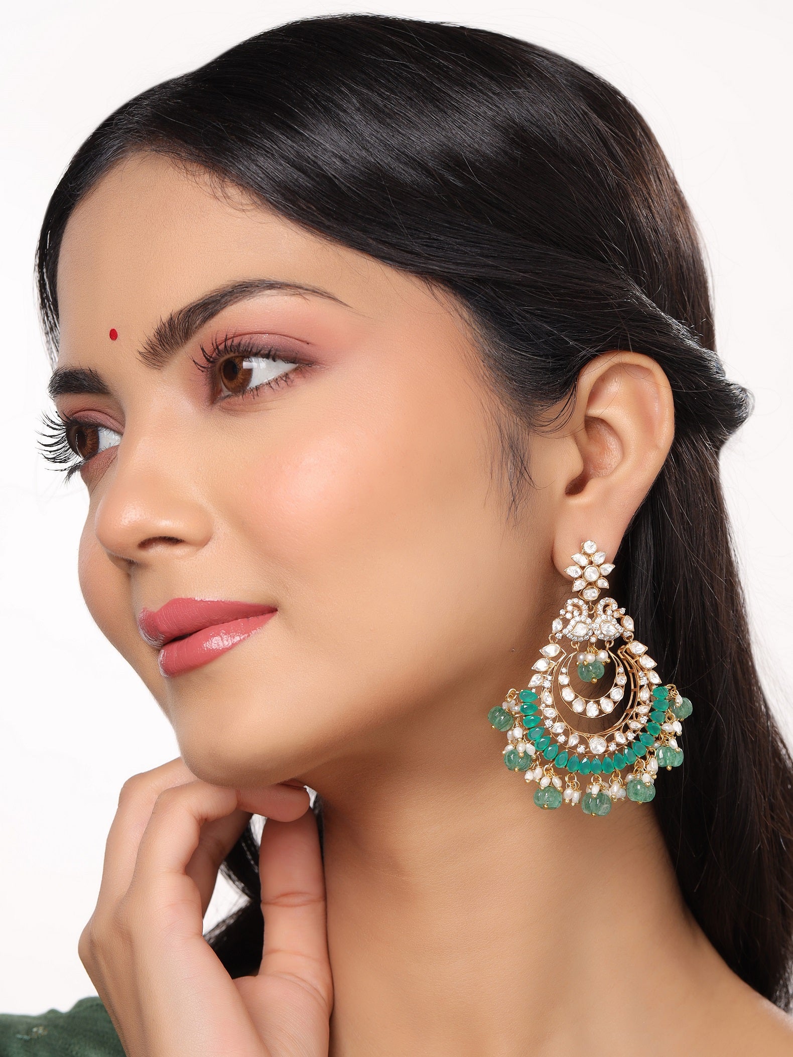 Quartz Pearl Lustrous Gem Embedded Chandbali Earrings For Women