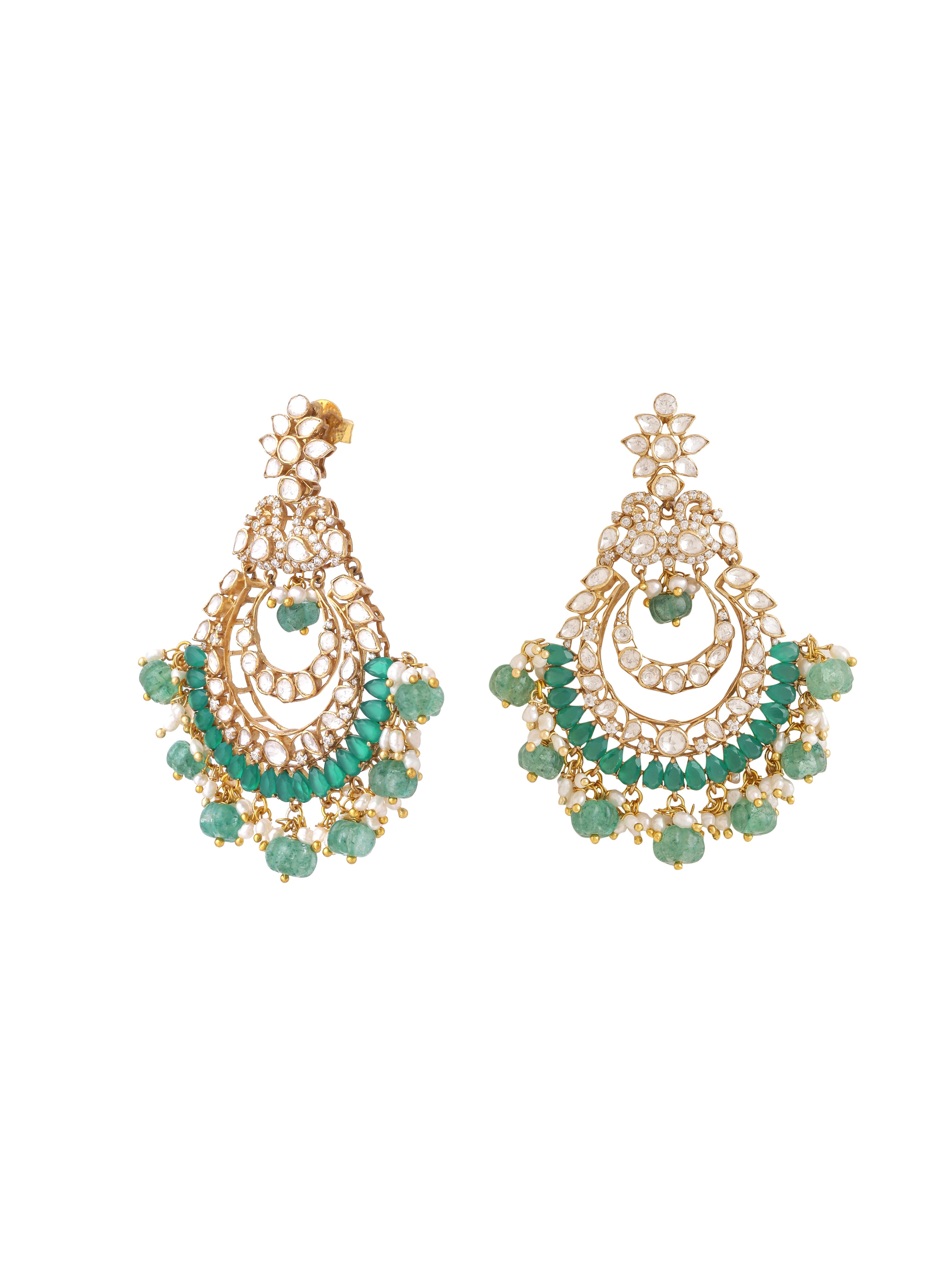 Quartz Pearl Lustrous Gem Embedded Chandbali Earrings For Women