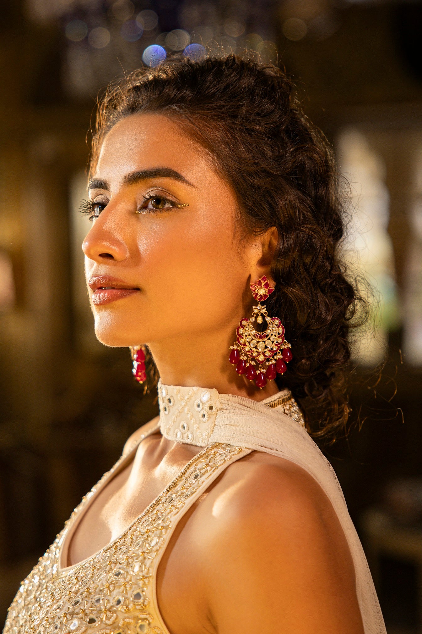 Pearl Crimson Chandbali Earrings For Women