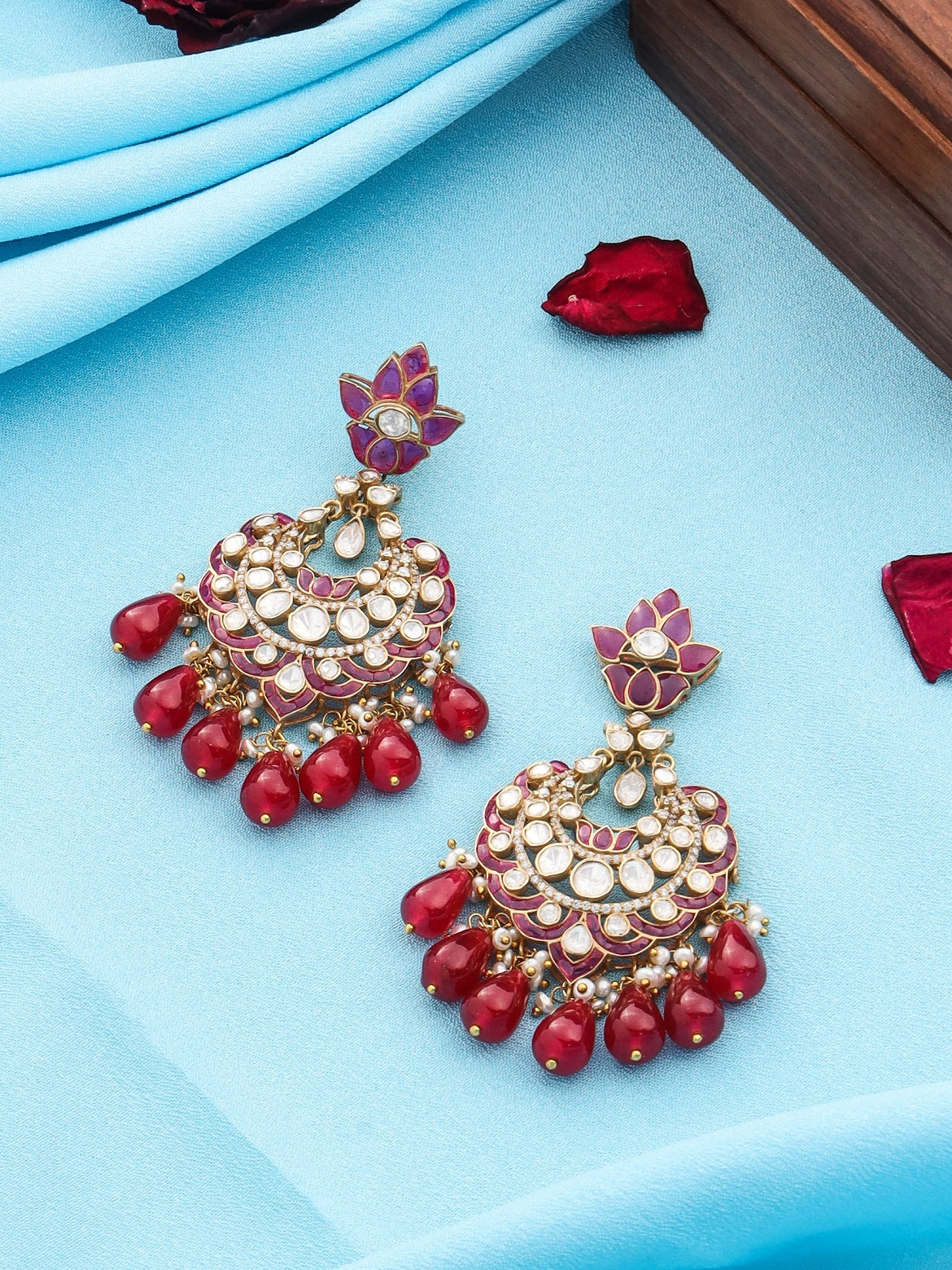 Pearl Crimson Chandbali Earrings For Women