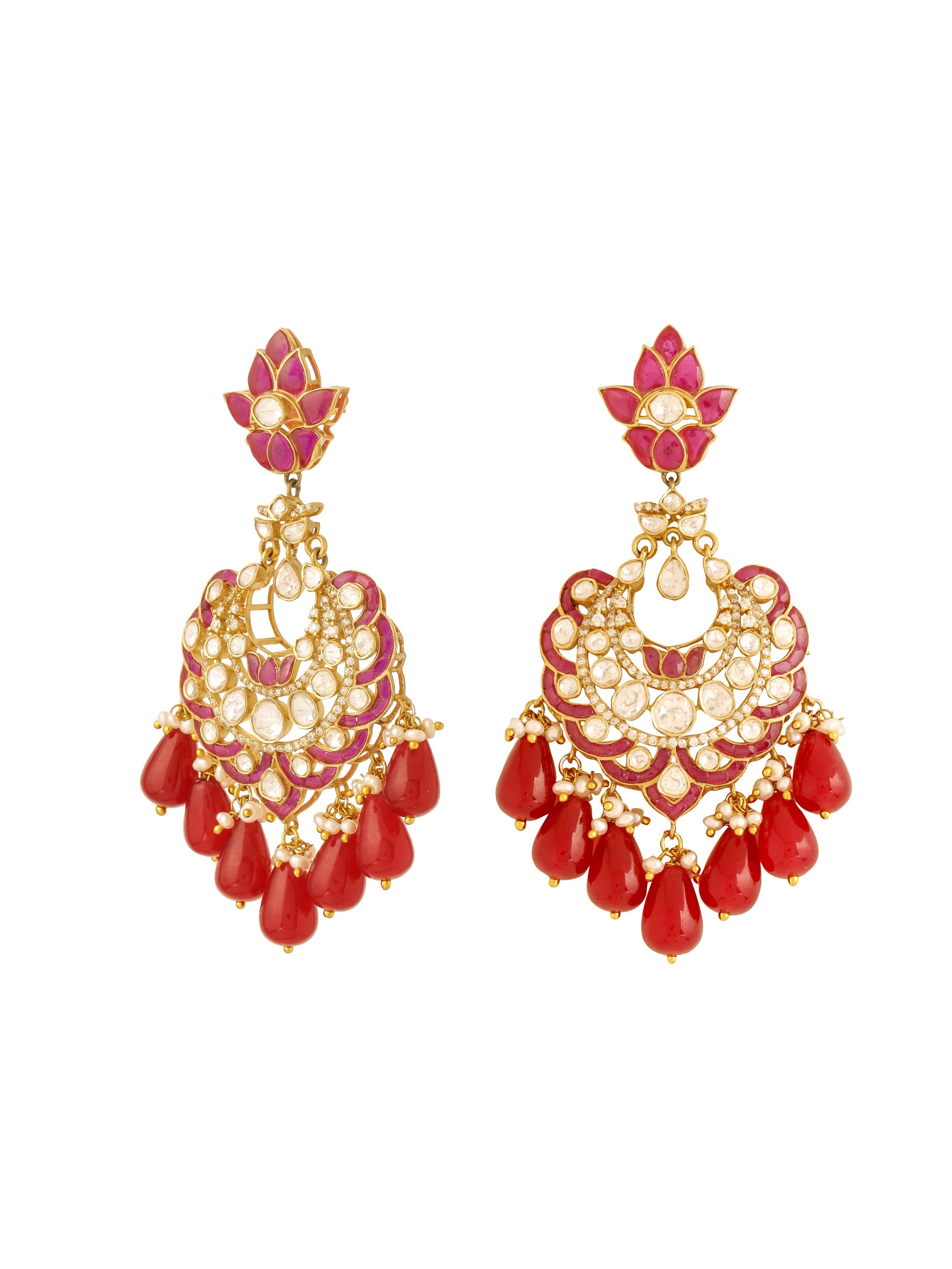 Pearl Crimson Chandbali Earrings For Women