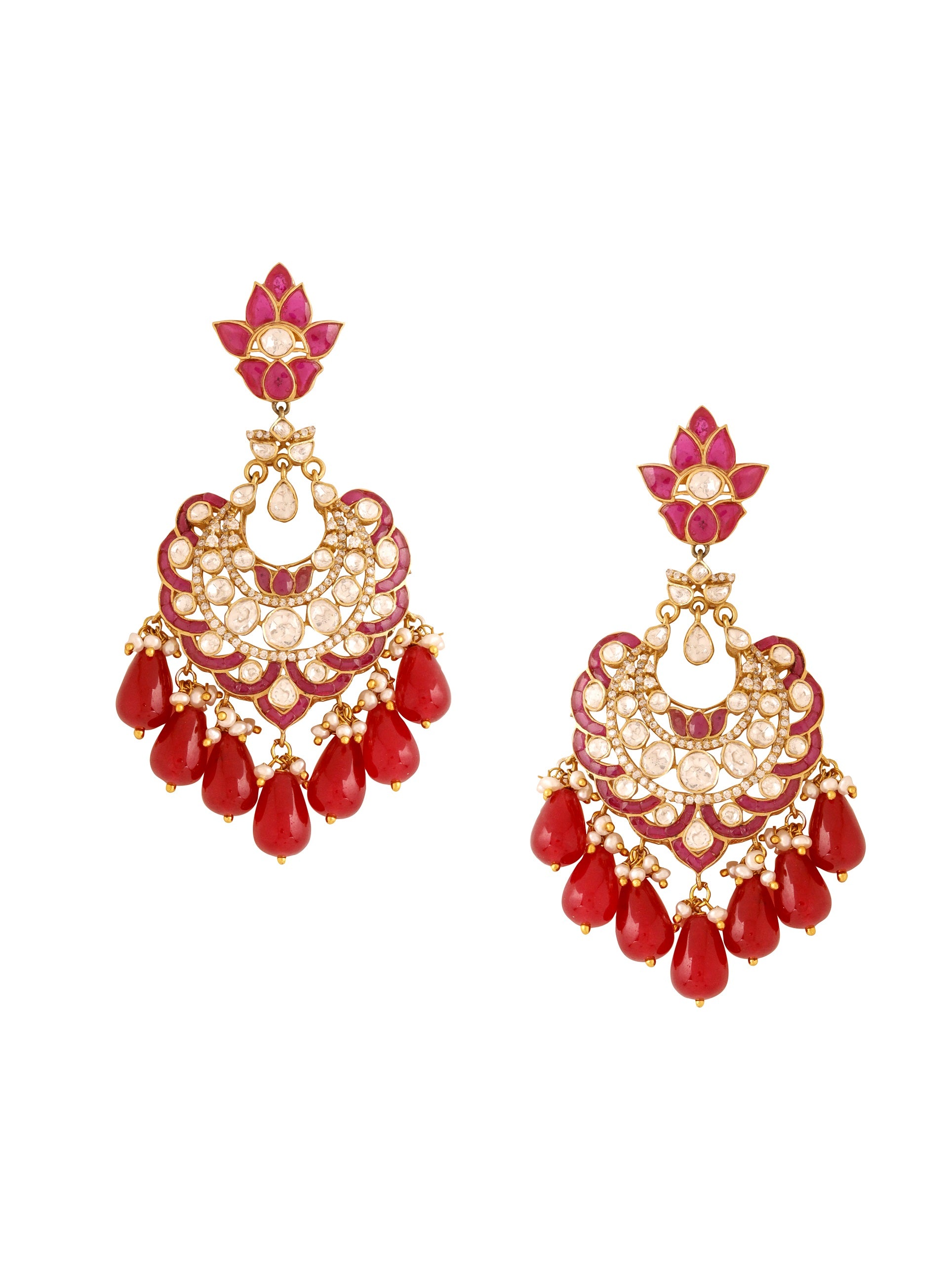 Pearl Crimson Chandbali Earrings For Women