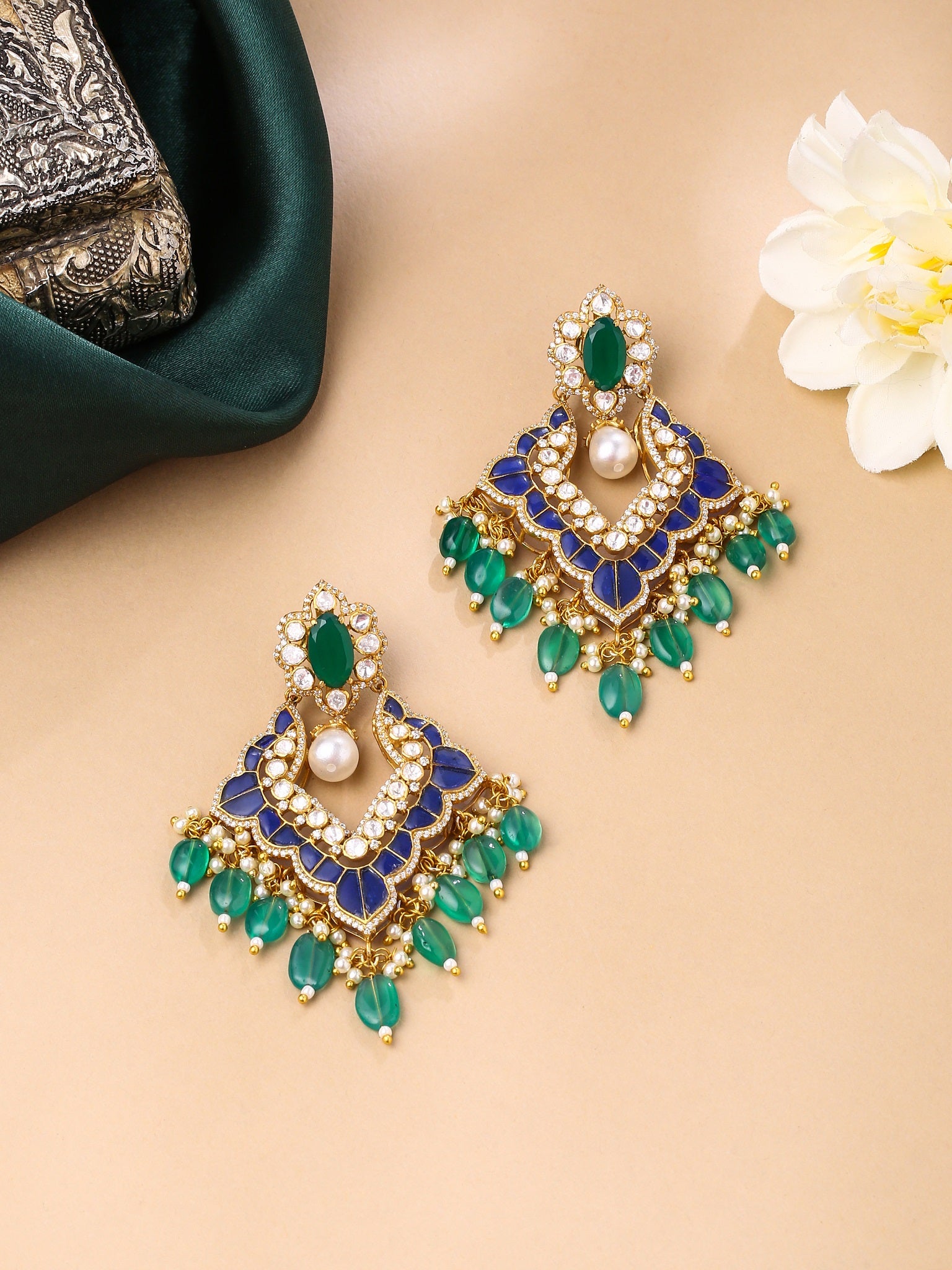 Green Onyx Mystic Chandbali Earrings in 925 Sterling Silver For Women
