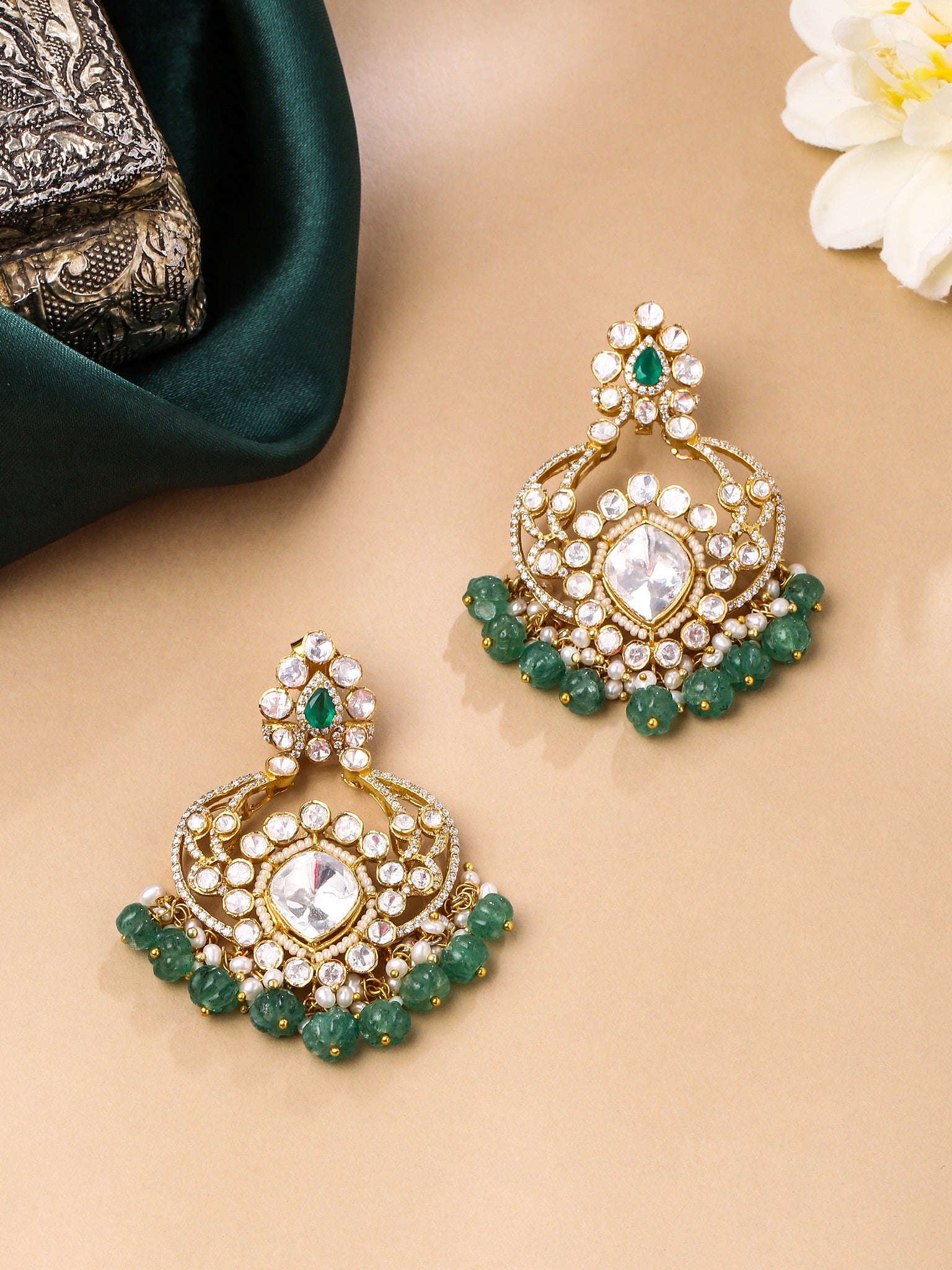 Pearl Green Onyx Verdant Harmony 925 Sterling Silver Chandbali Earrings For Women