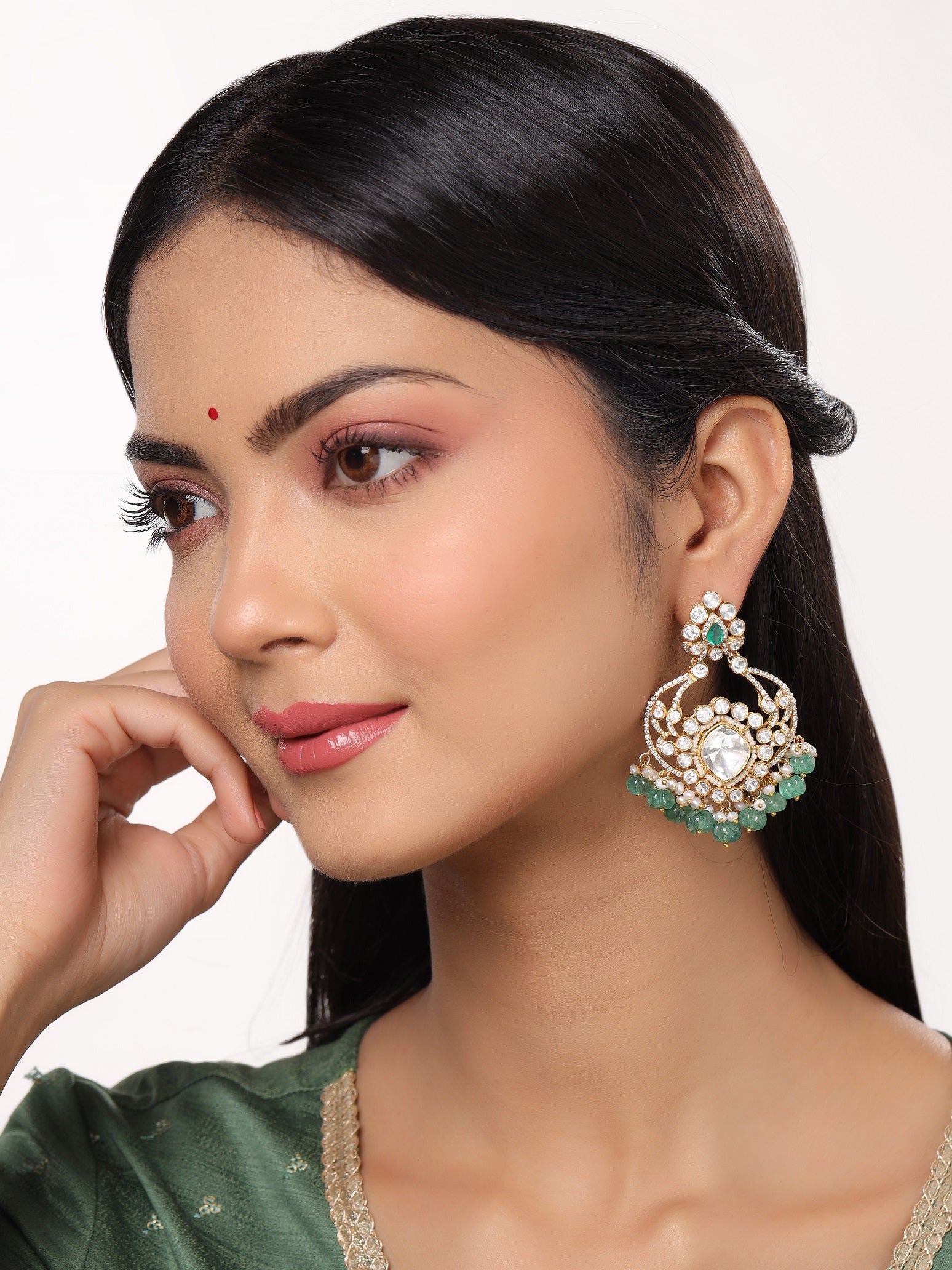 Pearl Green Onyx Verdant Harmony 925 Sterling Silver Chandbali Earrings For Women