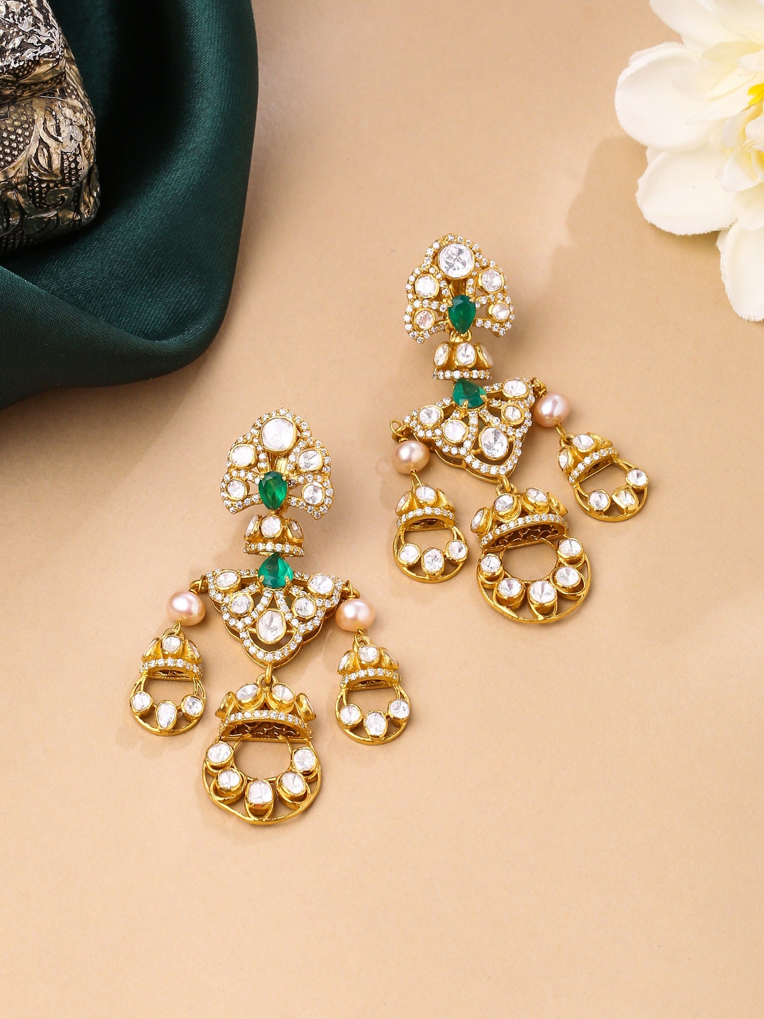 Green Onyx Whispers Chandbali Earrings For Women