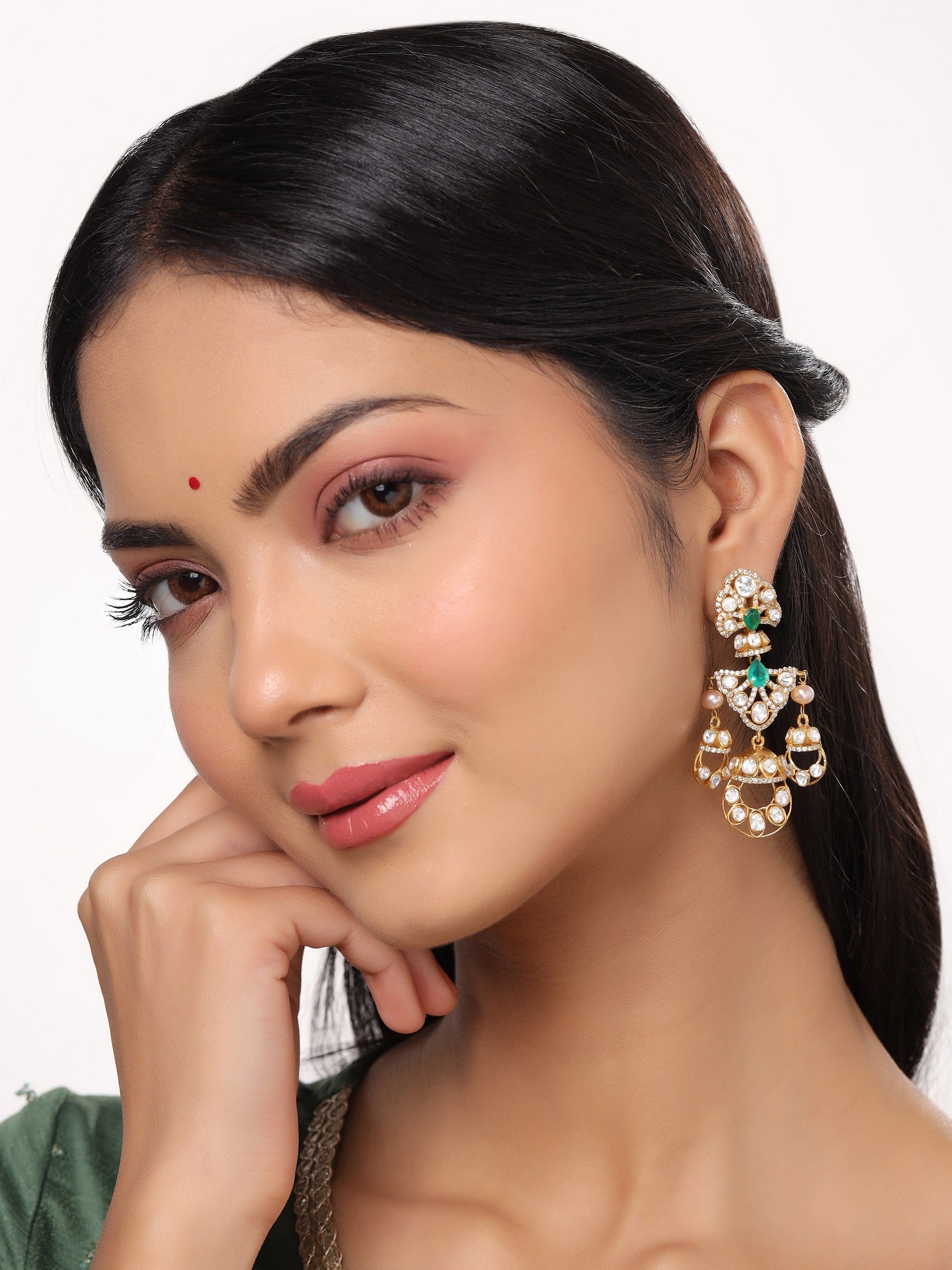 Green Onyx Whispers Chandbali Earrings For Women