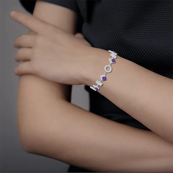 Square Amethyst 925 Sterling Silver Bracelet For Women