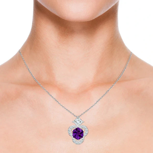 Abstract Amethyst and Moissanite 925 Sterling Silver Pendant For Women