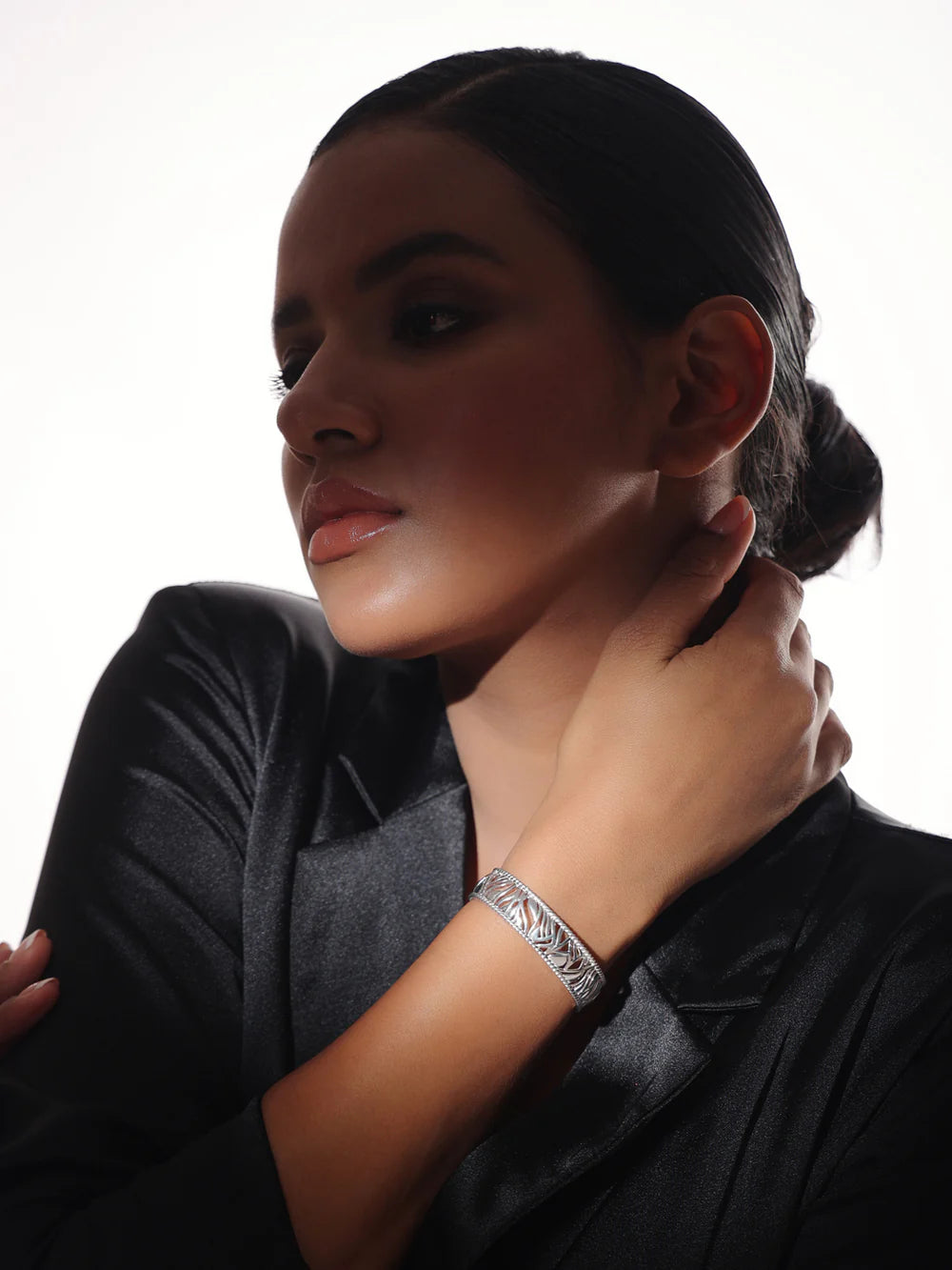 Rhodium Abstract Jali Lumina 925 Sterling Silver Cuff Bangle For Women