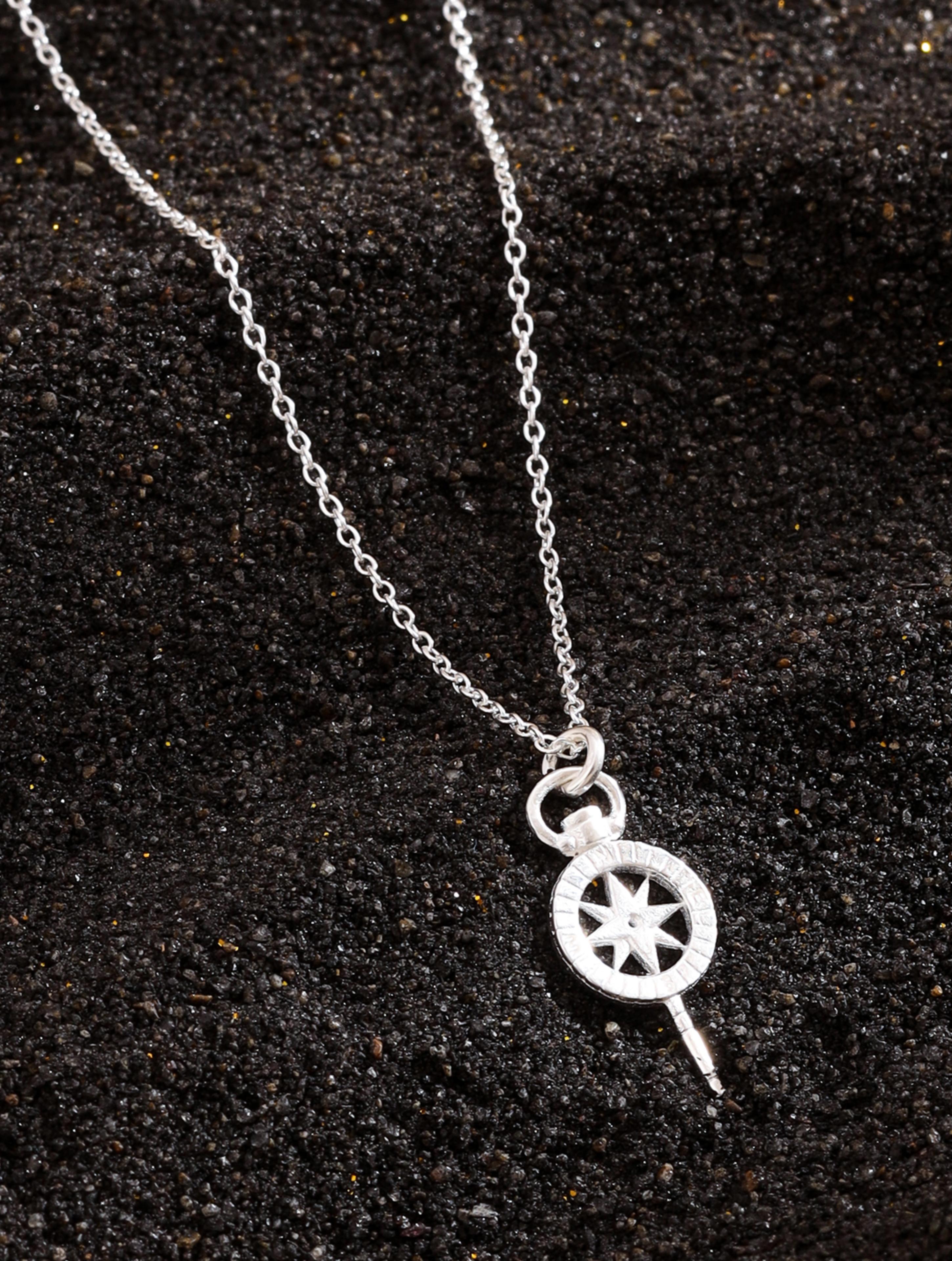 Real Rhodium Plating Compass Stars Good Luck Charm 925 Sterling Silver Pendant For Women